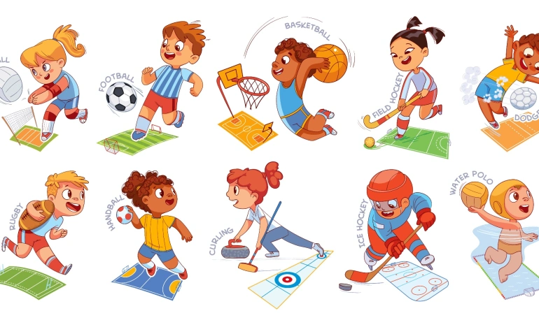 Рисованные дети играют в различные виды спорта